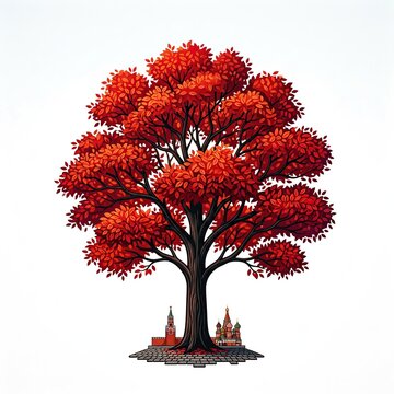 Vibrant Red Tree Vector Illustration with Stylized Moscow Landmarks including St. Basils Cathedral and Kremlin Tower, Simple 2D Foliage Design Isolated on White Background for Autumnal Design Projects