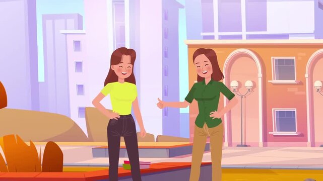 Two smiling young women talking outdoor in the city street background animation video clip footage