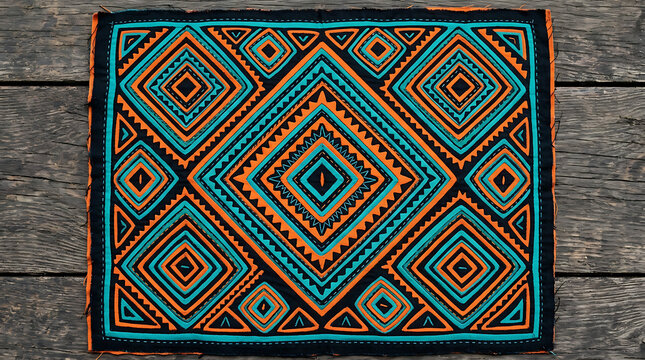 Mola geometric textile art, diamond medallion folk tile