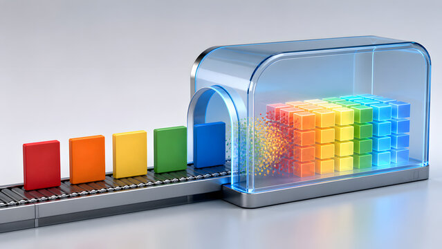Colorful files moving into an archive on a conveyor