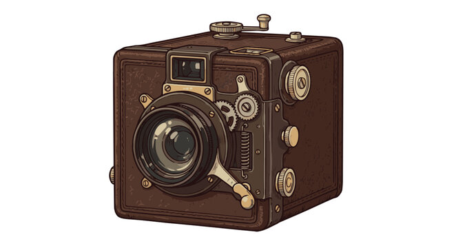 Vector cartoon illustration of an antique vintage box camera with mechanical gears and lens