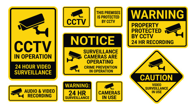CCTV security camera warning signs set vector illustration. Yellow and black surveillance property protected stickers, caution labels, and notice signboards isolated on white background.