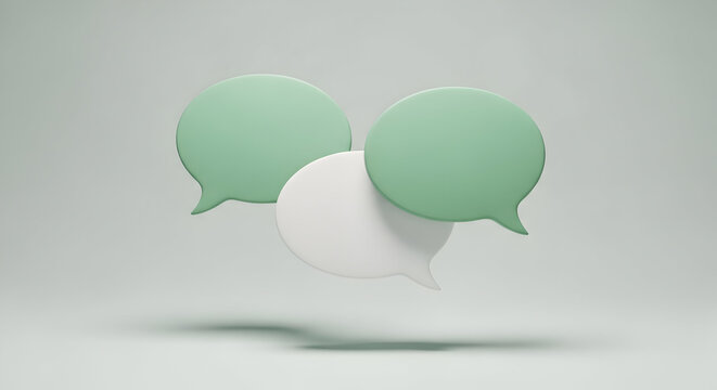 Floating Conversation Bubbles in Soft Green and White Colors Representing Communication and Dialogue on a Minimalist Background