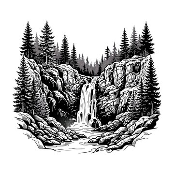 Black and white hand-drawn illustration of a majestic mountain waterfall flowing into a river surrounded by pine forest trees