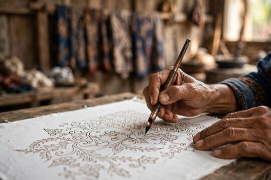Elderly artisan drawing batik with canting tool in workshop