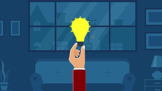 Animated hand holding glowing yellow light bulb representing creative ideas and innovation in flat vector video footage