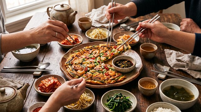 Traditional haemul pajeon served as a shared Korean meal with seafood, scallions, and side dishes, ideal for seasonal campaigns, culinary tourism, restaurants, and publishing.