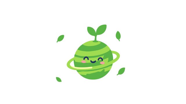 Cute green planet earth character with leaves and ring animation