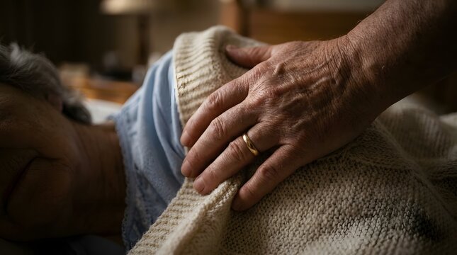 Close up of a compassionate hand with a wedding ring gently tucking a warm knitted blanket around a person resting in bed, symbolizing love, elderly care, support, and protection at home.