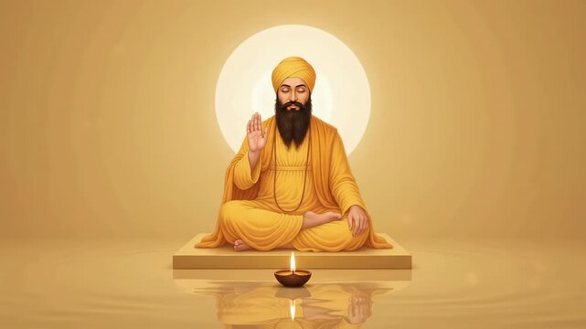 Guru Nanak Jayanti Gurpurab Meditation, Sikh Guru with Burning Diya over Water Reflection Video Background
