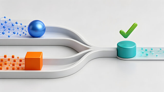 Blue and orange data streams merging in a verified cylinder
