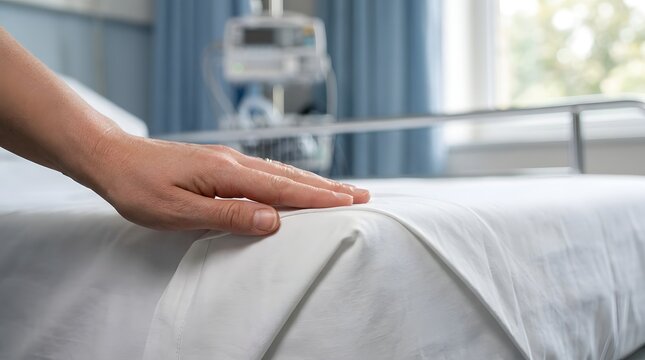 Close-up of a healthcare worker or nurse hand smoothing clean white linen on a hospital bed in a bright medical ward, focusing on hygiene, patient care, and hospitality in a clinical environment.