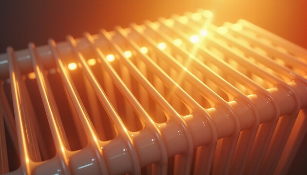 close-up of a vintage radiator with warm light reflecting off the surface, creating a cozy atmosphere, concept home heating