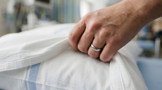 Close up of a male hand wearing a wedding ring adjusting or replacing a clean white pillowcase on a hospital bed in a medical facility, focusing on hygiene, patient care, and sanitization services.