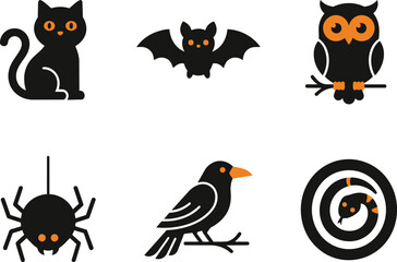 Fototapeta premium Halloween animal icons set featuring black cat bat owl spider raven snake
