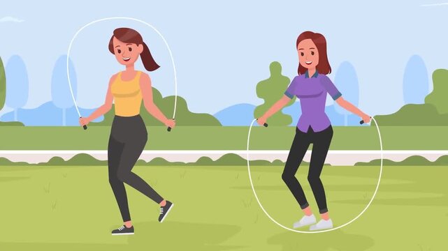 Animated women jumping rope together in sunny park footage for fitness and healthy lifestyle concepts