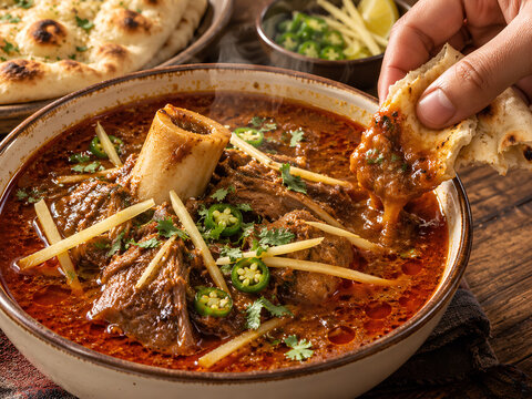 Hand Dipping Naan into Pakistani Nalli Nihari with Bone Marrow