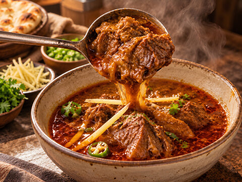 Ladle Serving Pakistani Nalli Nihari with Tender Beef