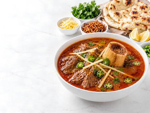 Nalli Nihari Bowl with Naan, Garnishes and Large Copy Space
