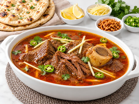 Pakistani Nalli Nihari with Bone Marrow, Naan and Fresh Garnishes