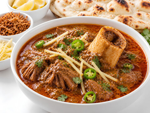 Close Up Beef Nihari with Marrow Bone and Fresh Ginger Garnish