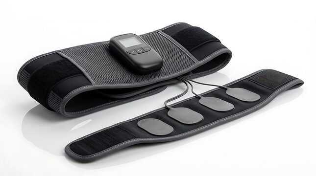 Black electronic muscle stimulation belt for fitness and abdominal training with digital control unit. stimulator belt