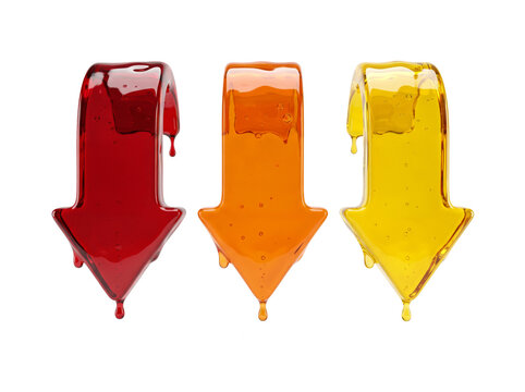 3D glossy liquid melting down arrows set for discount and sale on transparent background