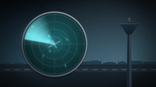 Air traffic control tower with cyan radar sweep on dark background