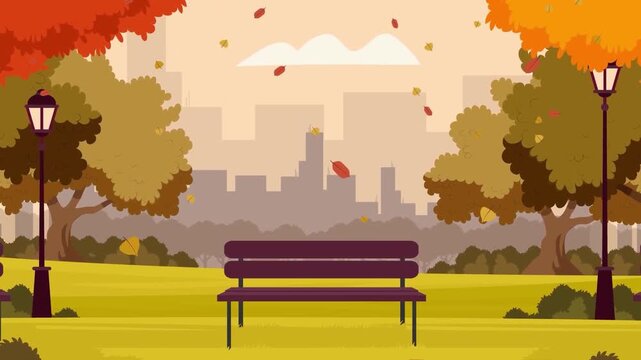 Autumn park bench animation video footage featuring falling leaves and city skyline in the background with warm orange tones