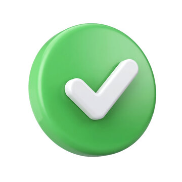 3D green circle button with a white check mark icon isolated on white
