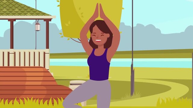 Animated woman doing yoga tree pose outdoors in park setting with gazebo background vector motion footage