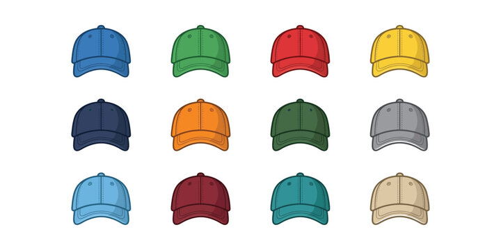 Set of colorful baseball caps in flat vector style.