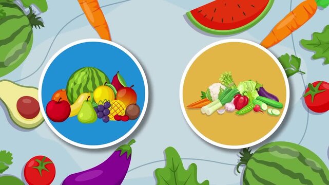 Vibrant healthy fruits and fresh vegetables animation background graphic design video loop motion