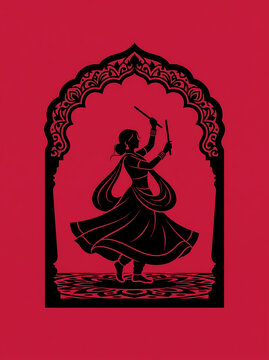 Silhouette of woman performing Dandiya Garba inside ornate archway