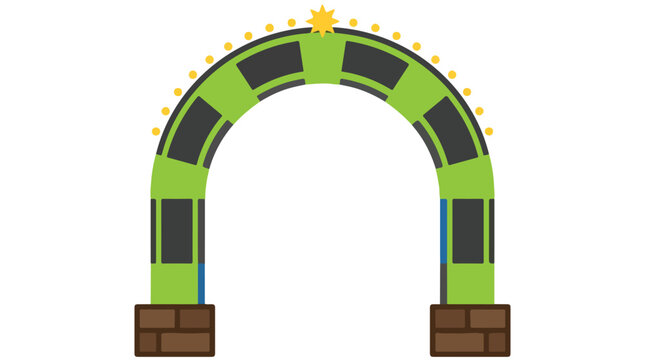 Festive entrance archway made of living moss and flexible solar strips, eco-friendly gateway, bright lime and dark charcoal colors, bright daylight, trace optimized, minimalist flat vector