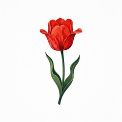 Fototapeta premium Vintage botanical illustration of a single red tulip flower with green leaves and long stem, isolated on a clean white background. Elegant 2D floral artwork for spring and garden design concepts.