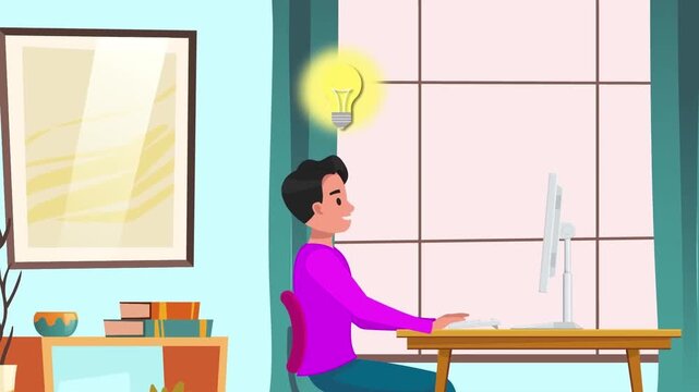 Animated smart man working on a desktop computer with glowing lightbulb concept video clip