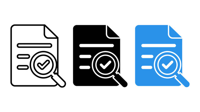 Set of document audit icons with checkmark and magnifying glass in line, solid, and blue styles