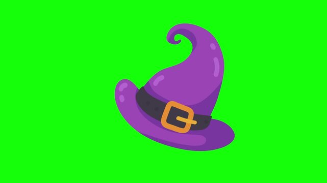 Vibrant purple witch hat illustration with black buckle on green screen for Halloween designs