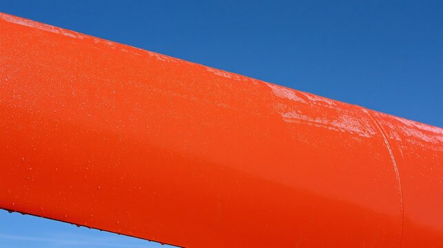 Bright orange pipe with water droplets under a clear blue sky.