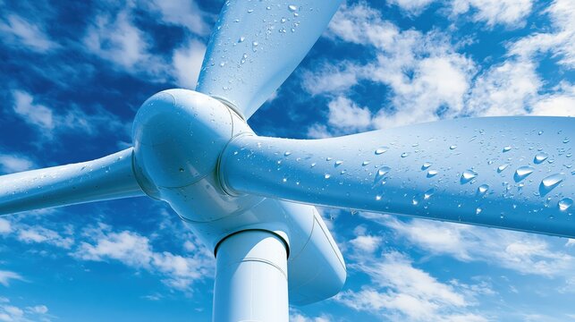 Closeup view of a wind turbines rotor with water droplets against a cloudy blue sky.