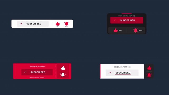 Animated lower third youtube subscribe button like and bell icon set with cursor click on transparent alpha channel