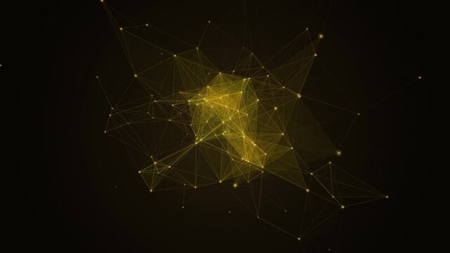 Champagne gold tesseract hypercube projection rotates with glowing plexus network lines and node beacons against a dark background