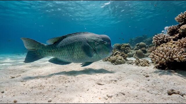 Humphead Parrotfish swimming low above a pale sandy seafloor beside scattered coral rocks