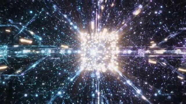 Abstract Digital Galaxy: A vibrant explosion of light and energy forms an abstract digital galaxy, with intricate networks of glowing particles and lines radiating outwards.