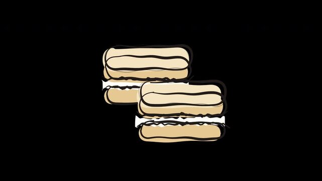 Hand Drawn eclair pastry cream filled bakery food sweet dessert delicious baked treat motion 4K Animation with alpha transparent background