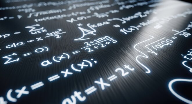 Complex Mathematical Equations and Formulas on a Dark Surface.