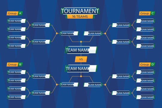16 teams tournament bracket template with group stage and playoff chart vector illustration
