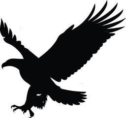 Fototapeta premium Hard-hitting Black Eagle Silhouettes, Predatory Bird with Spread Wings, Sharp Talons, Isolated Graphic, Vector Design for Logo, Coat of Arms, Textile, Sports, Hunting