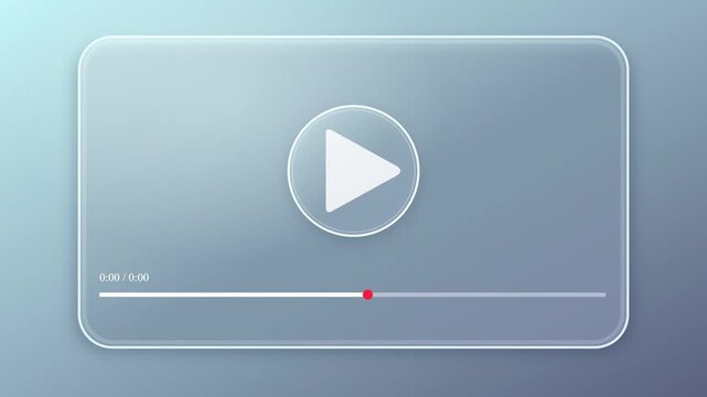 futuristic glass video player interface design. transparent media screen with glowing play button. modern digital multimedia technology, user interface vector illustration